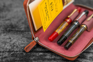 Leather Zippered 3 Slots Pen Case - Crazy Horse Orange