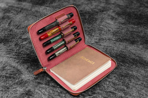 Leather Zippered 5 Slots Pen Case - Crazy Horse Orange