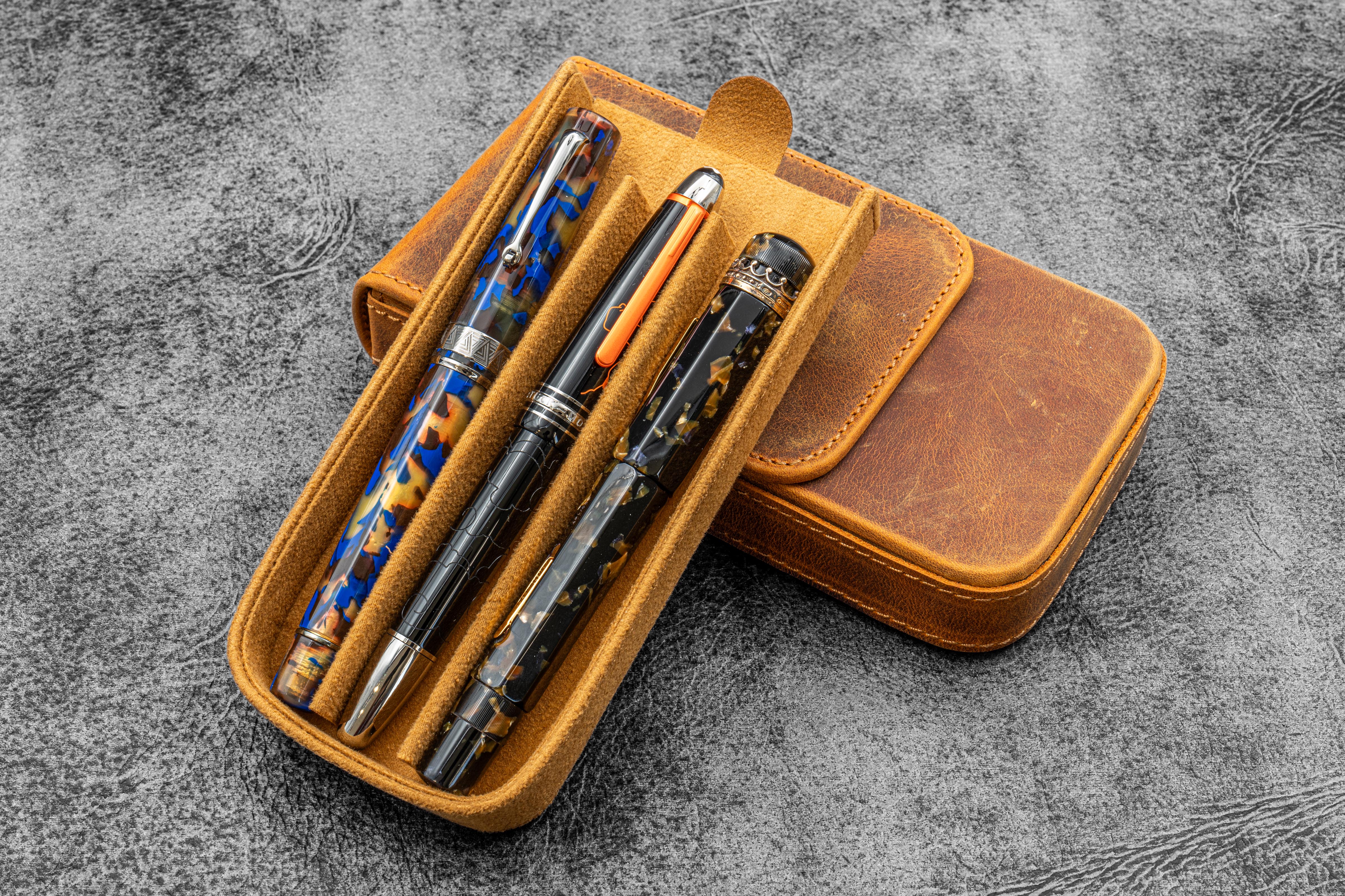 Leather Magnum Opus 3 Slots Hard Pen Case with Removable Pen Tray - Crazy Horse Brown