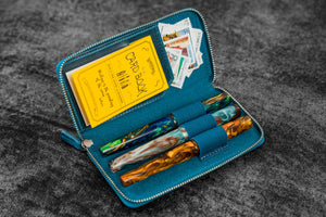 Leather Zippered 3 Slots Pen Case - C.H. Ocean Blue