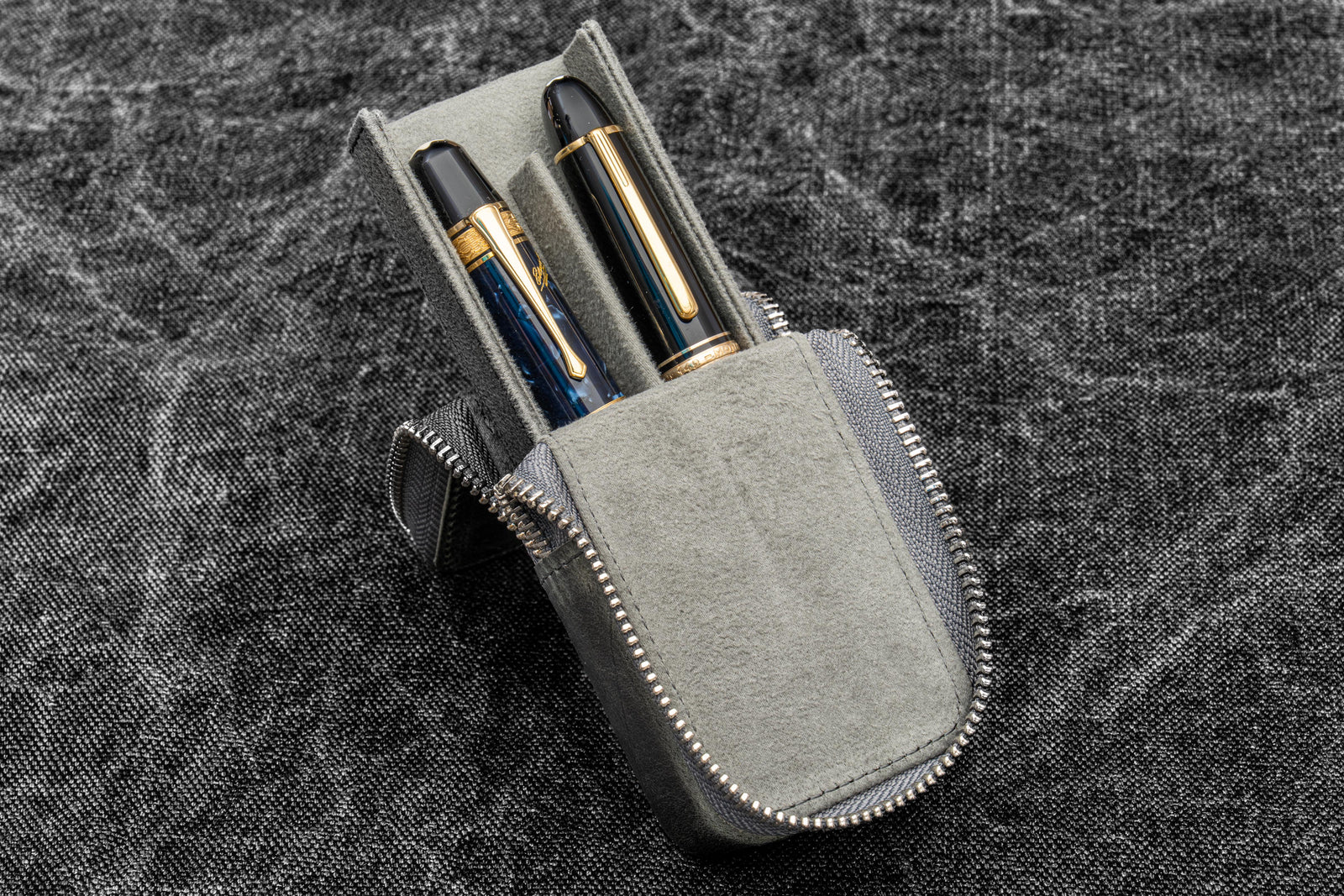 Leather Zippered Magnum Opus 2 Slots Hard Pen Case with Removable Pen Tray - Crazy Horse Smoky