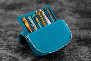 Leather Zippered Magnum Opus 6 Slots Hard Pen Case with Removable Pen Tray - C. H. Ocean Blue