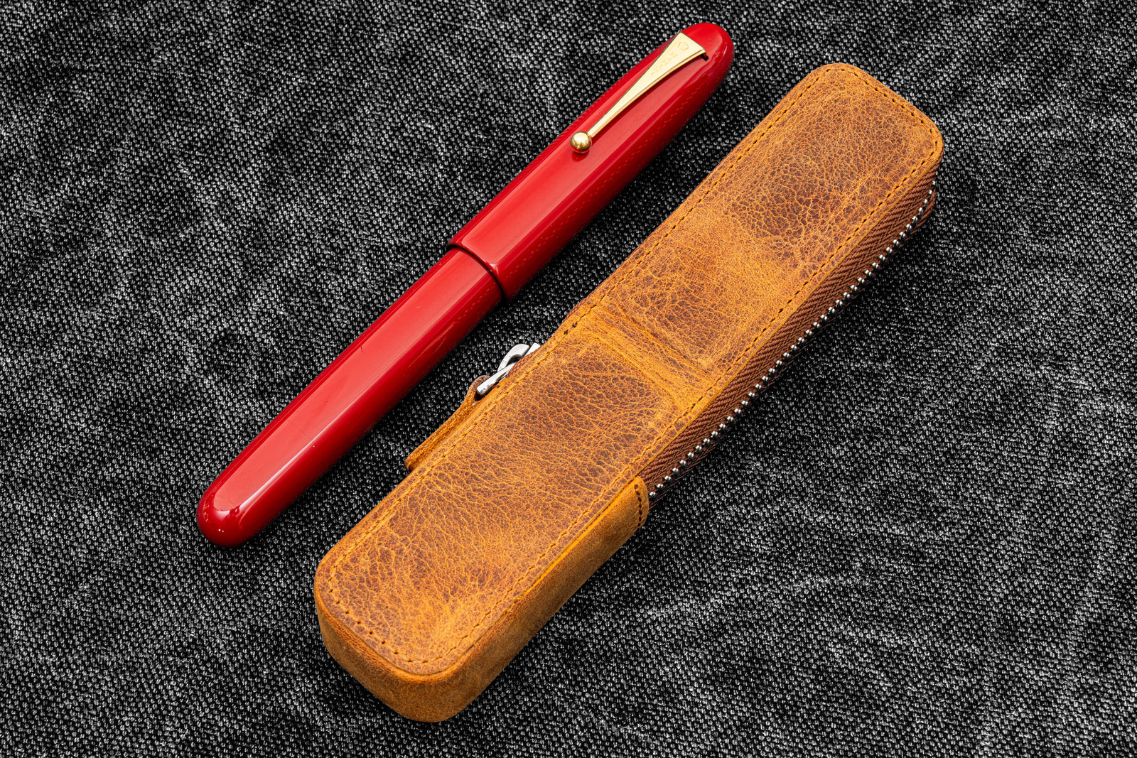 Leather Zippered Magnum Opus Single Hard Pen Case For Oversized Pens & Namiki Emperor - Crazy Horse Brown