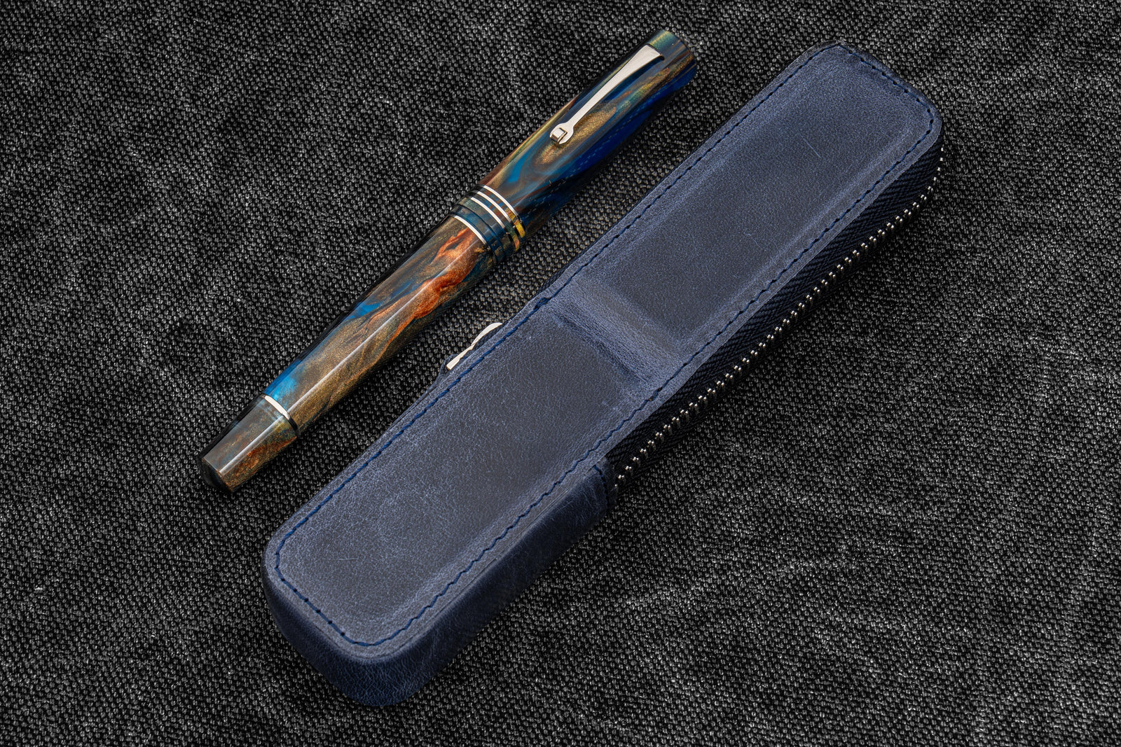Leather Zippered Magnum Opus Single Hard Pen Case For Oversized Pens & Namiki Emperor - Crazy Horse Navy Blue