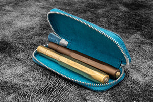 Leather Zippered Double Pen Case for Kaweco - Pocket Pen - C. H. Ocean Blue-