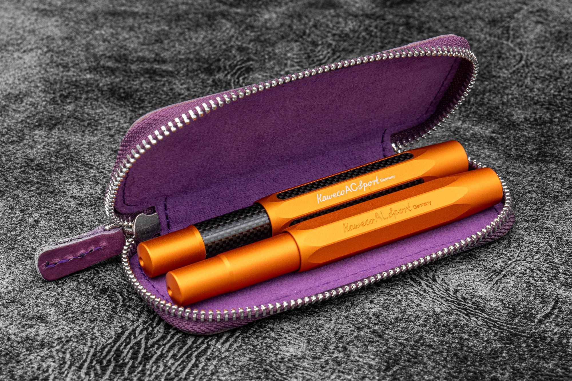 Leather Zippered Double Pen Case for Kaweco - Pocket Pen - Purple-