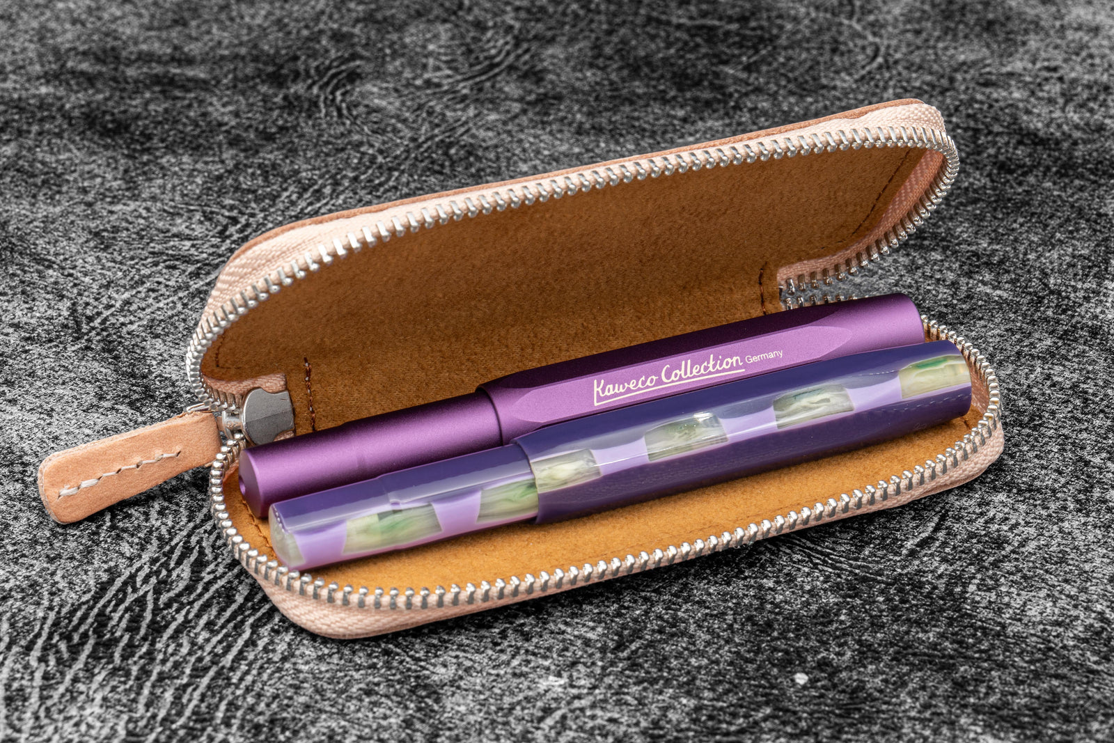 Leather Zippered Double Pen Case for Kaweco - Pocket Pen - Undyed Leather-
