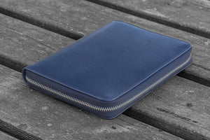 Leather Zippered 5 Slots Pen Case - Navy Blue