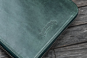Handmade Crazy Horse Forest Green Leather Zippered B6 / B6 Slim Planner & Notebook Folio - Galen Leather Logo