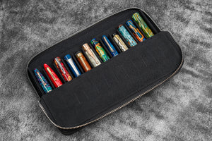 Leather Zippered Magnum Opus 12 Slots Hard Pen Case with Removable Pen Tray - Black