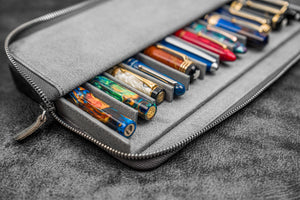 Leather Zippered Magnum Opus 12 Slots Hard Pen Case with Removable Pen Tray - Crazy Horse Smoky