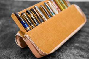 Leather Zippered Magnum Opus 12 Slots Hard Pen Case with Removable Pen Tray - Undyed Leather