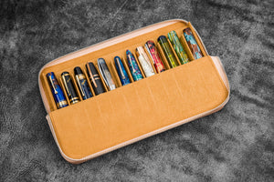 Leather Zippered Magnum Opus 12 Slots Hard Pen Case with Removable Pen Tray - Undyed Leather