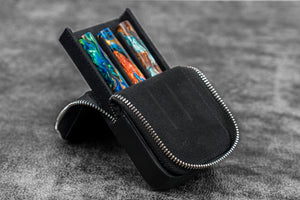 Leather Zippered Magnum Opus 3 Slots Hard Pen Case with Removable Pen Tray - Black