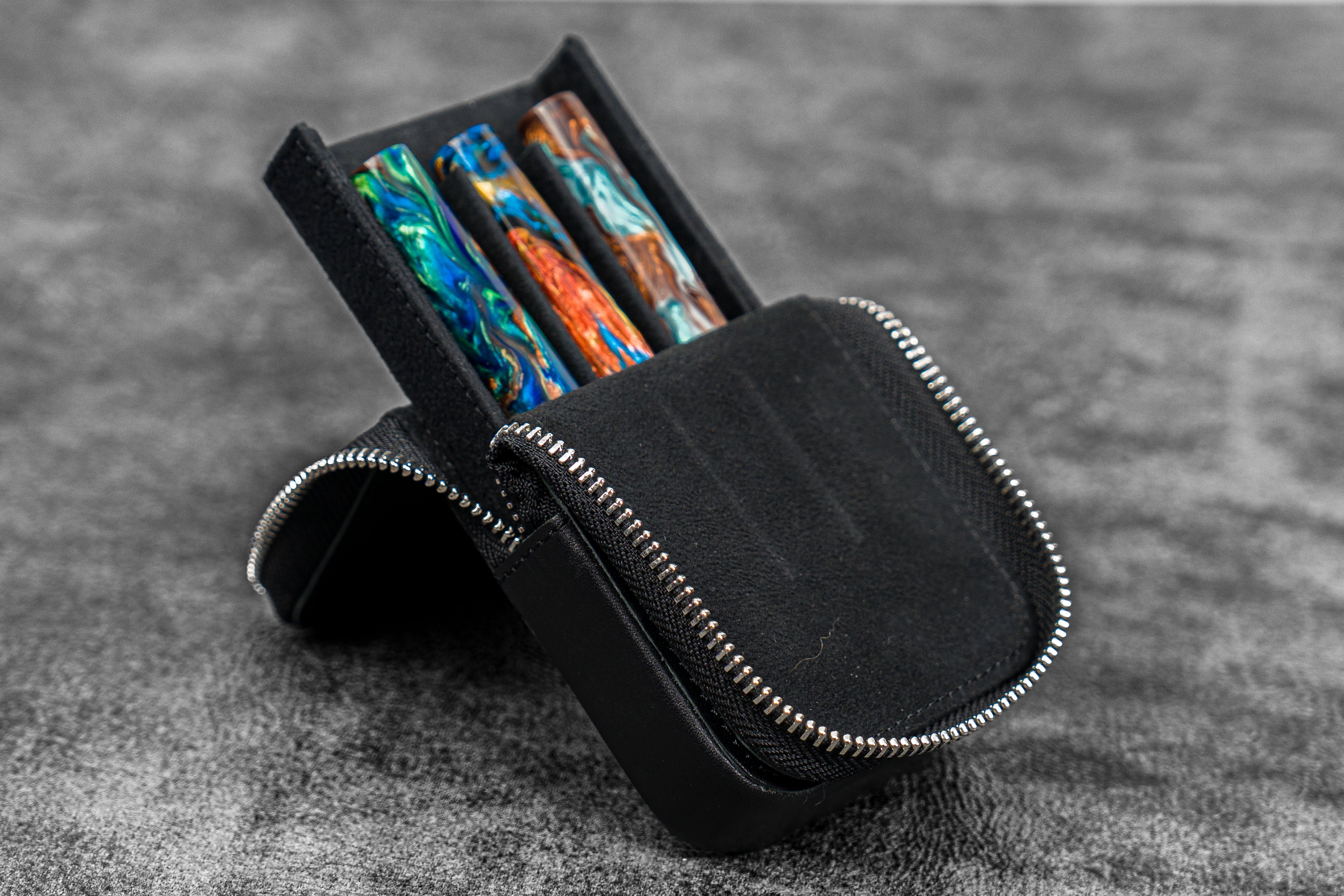 Leather Zippered Magnum Opus 3 Slots Hard Pen Case with Removable Pen Tray - Black