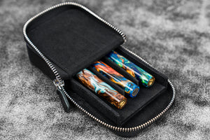 Leather Zippered Magnum Opus 3 Slots Hard Pen Case with Removable Pen Tray - Black