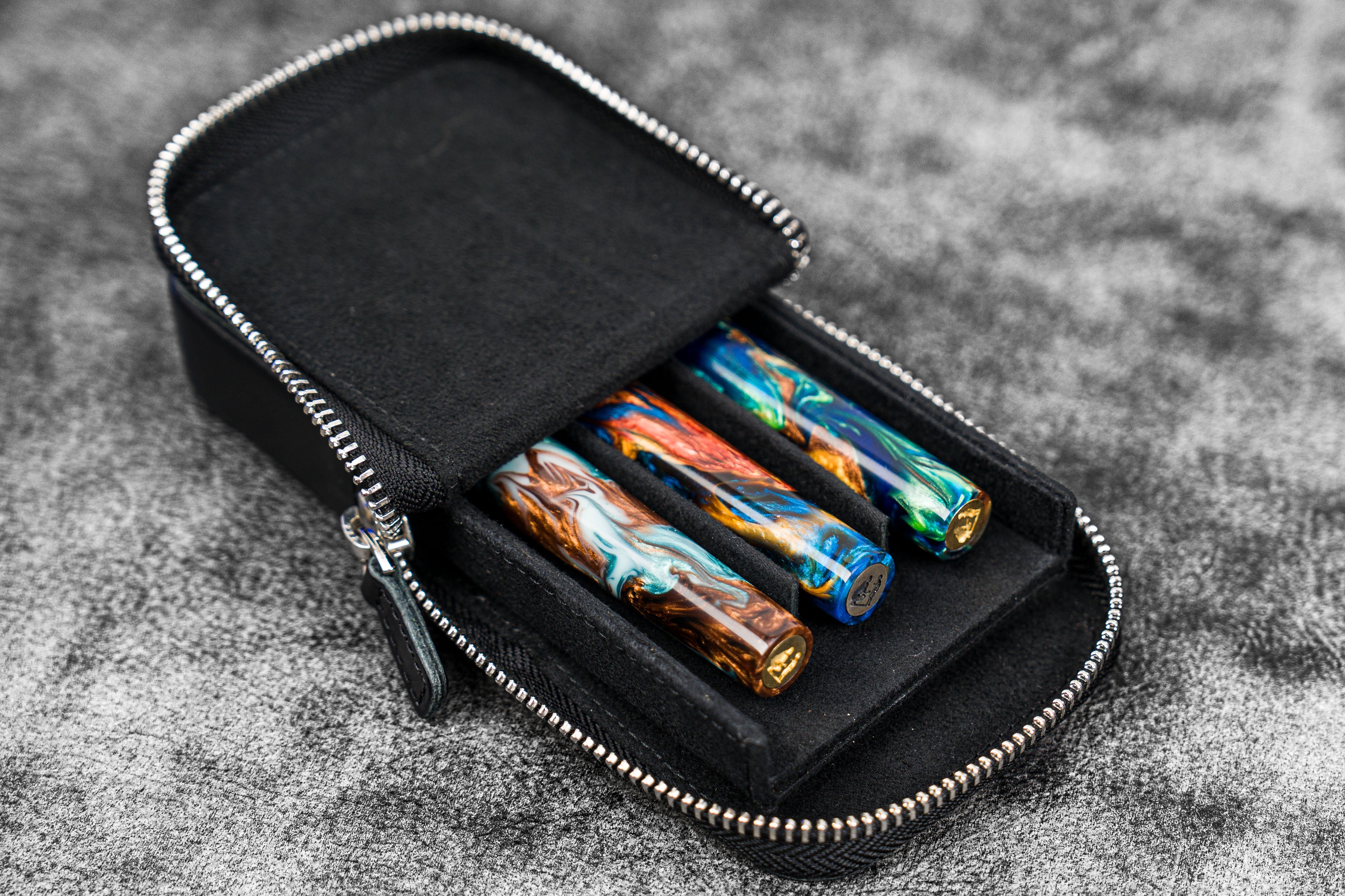 Leather Zippered Magnum Opus 3 Slots Hard Pen Case with Removable Pen Tray - Black