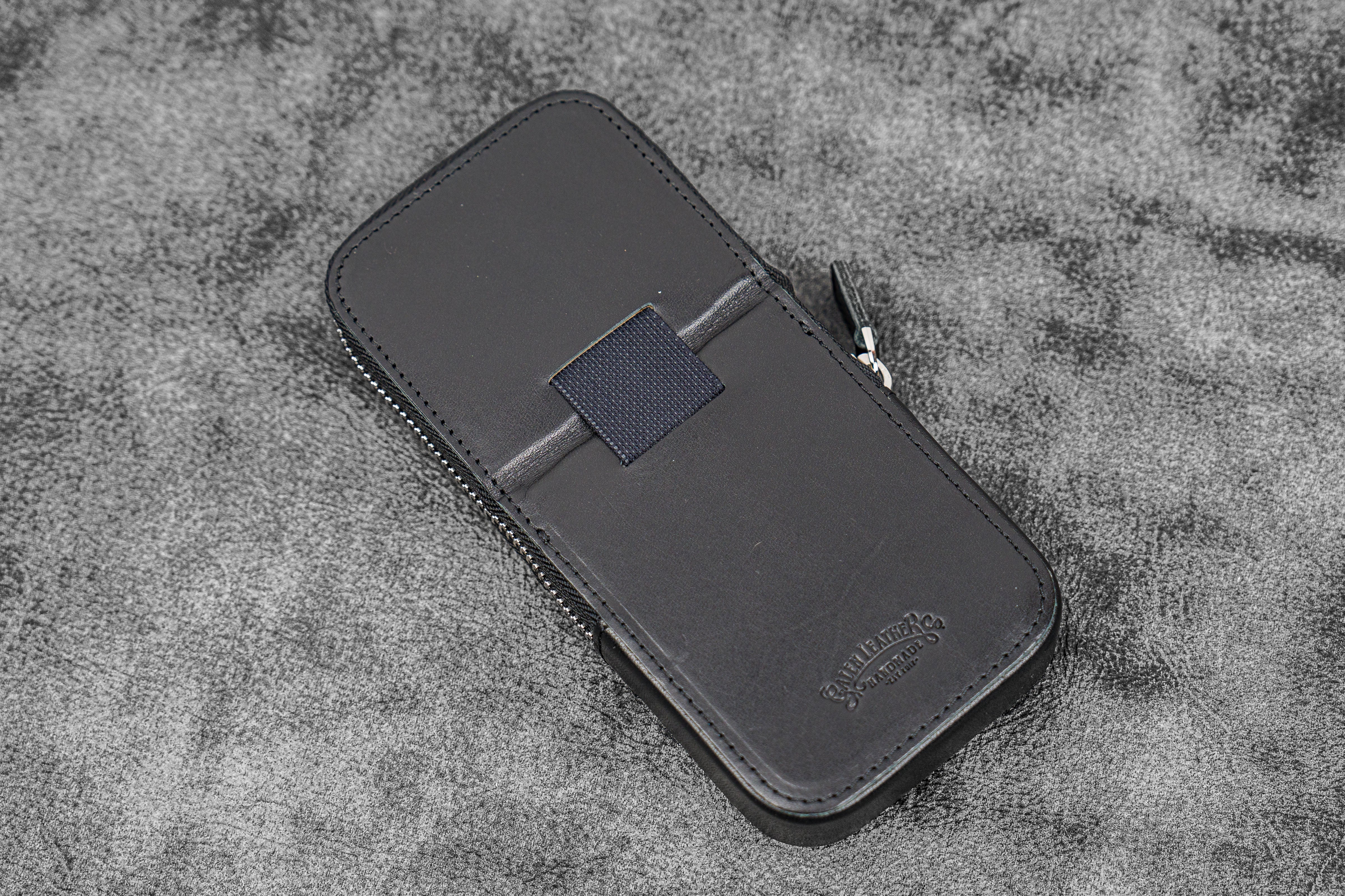 Leather Zippered Magnum Opus 3 Slots Hard Pen Case with Removable Pen Tray - Black