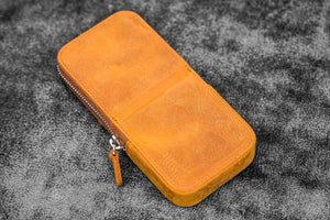Leather Zippered Magnum Opus 3 Slots Hard Pen Case with Removable Pen Tray - Crazy Horse Brown