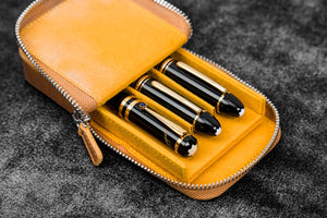 Leather Zippered Magnum Opus 3 Slots Hard Pen Case with Removable Pen Tray - Crazy Horse Honey Ochre