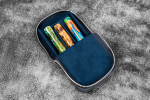 Leather Zippered Magnum Opus 3 Slots Hard Pen Case with Removable Pen Tray - Crazy Horse Navy Blue