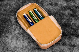 Leather Zippered Magnum Opus 3 Slots Hard Pen Case with Removable Pen Tray - Undyed Leather