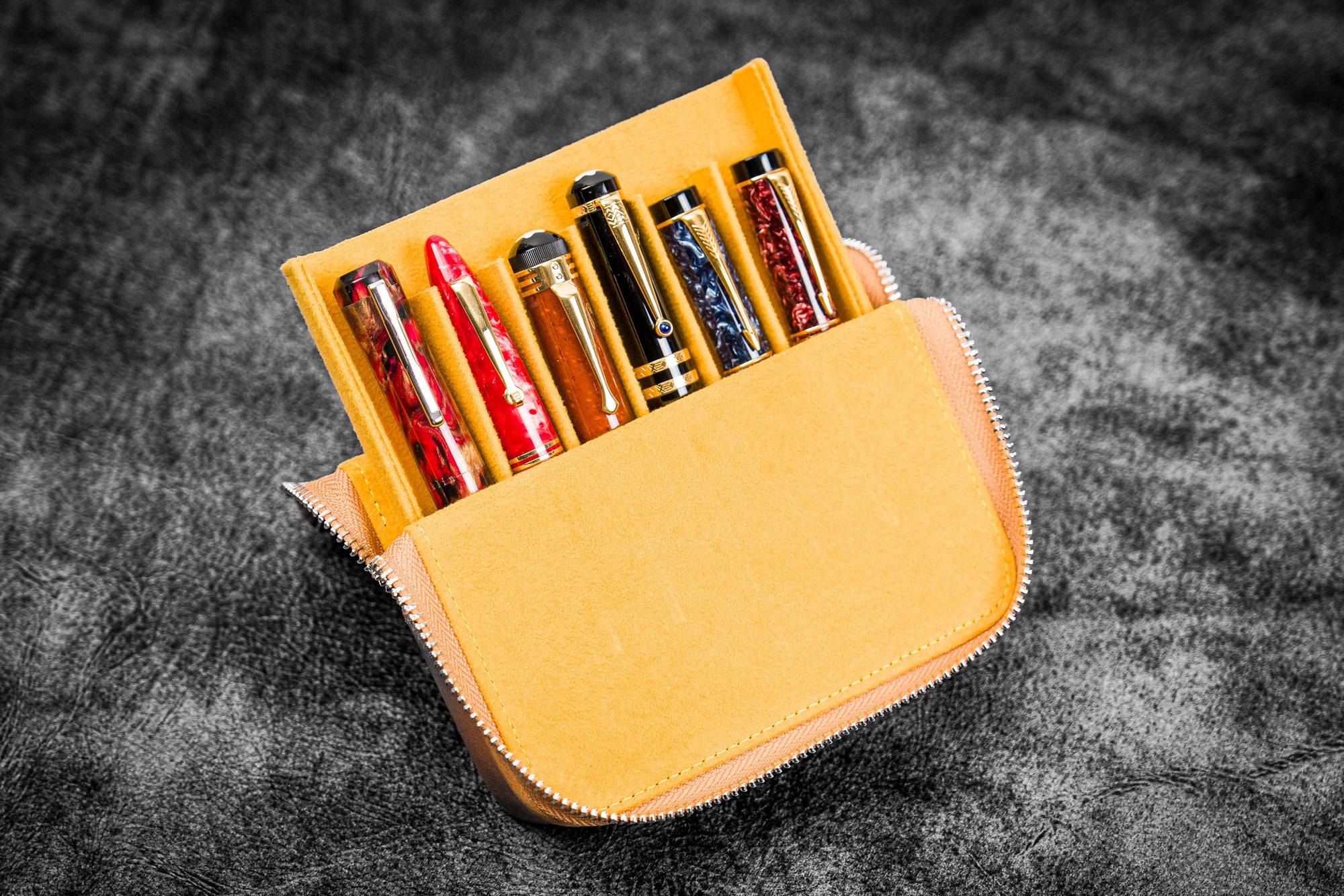 Leather Zippered Magnum Opus 6 Slots Hard Pen Case with Removable Pen Tray - Crazy Horse Honey Ochre
