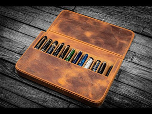 Leather Magnum Opus 12 Slots Hard Pen Case with Removable Pen Tray - Crazy Horse Navy Blue-Galen Leather Video Showcase