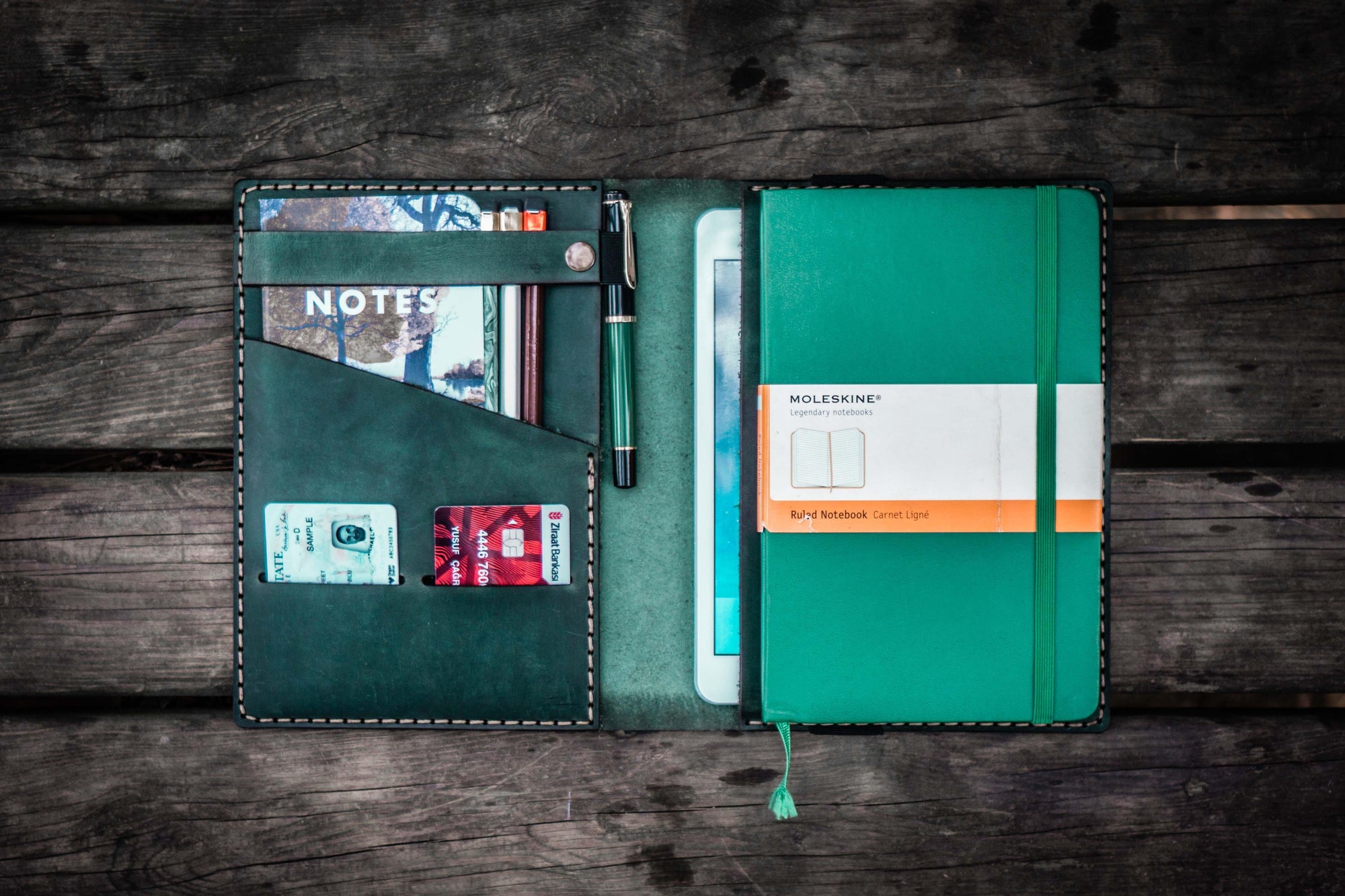 iPad Mini & Large Moleskine Cover - Crazy Horse Forest Green-Galen Leather