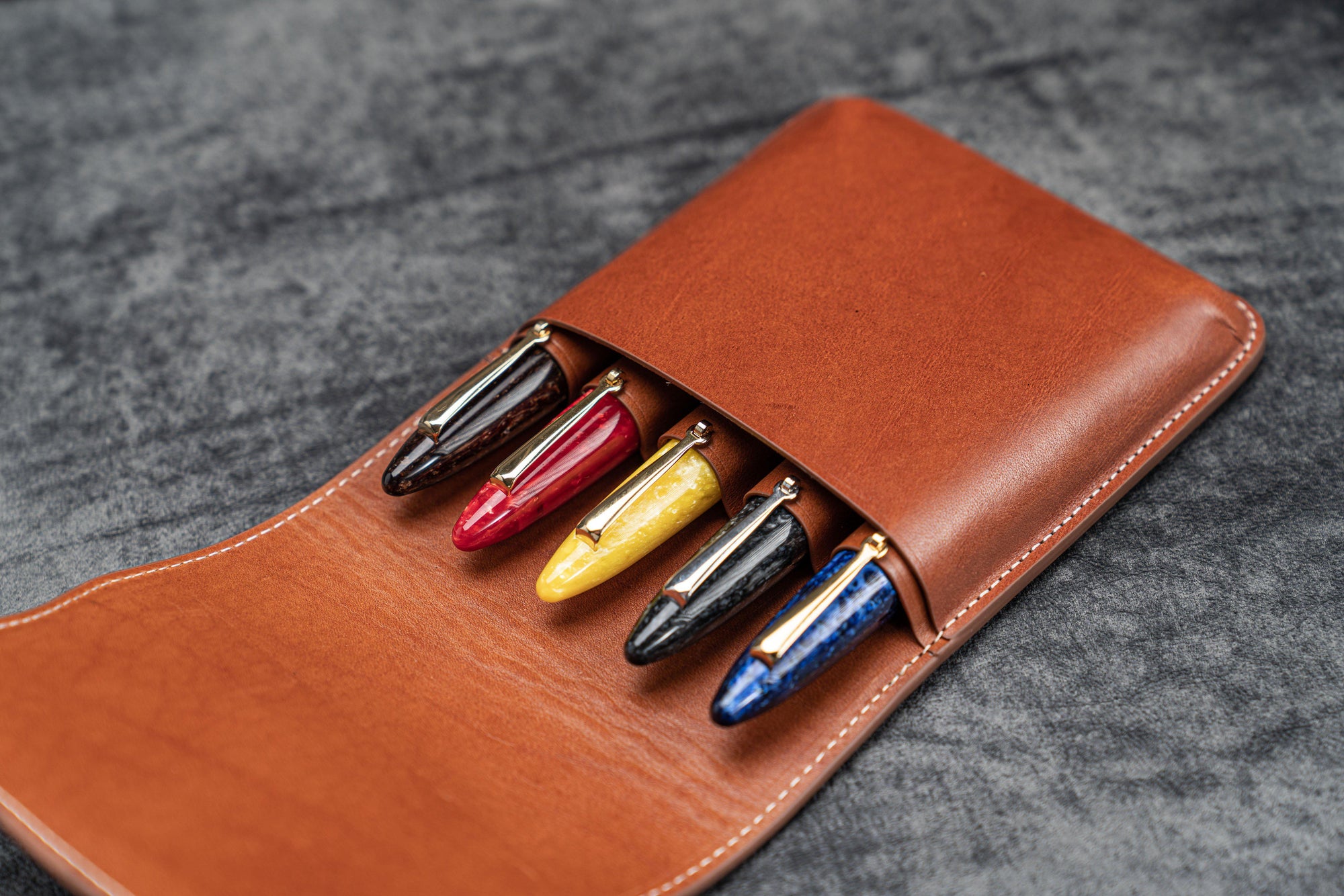Leather Flap Pen Case for Five Pens - Brown-Galen Leather