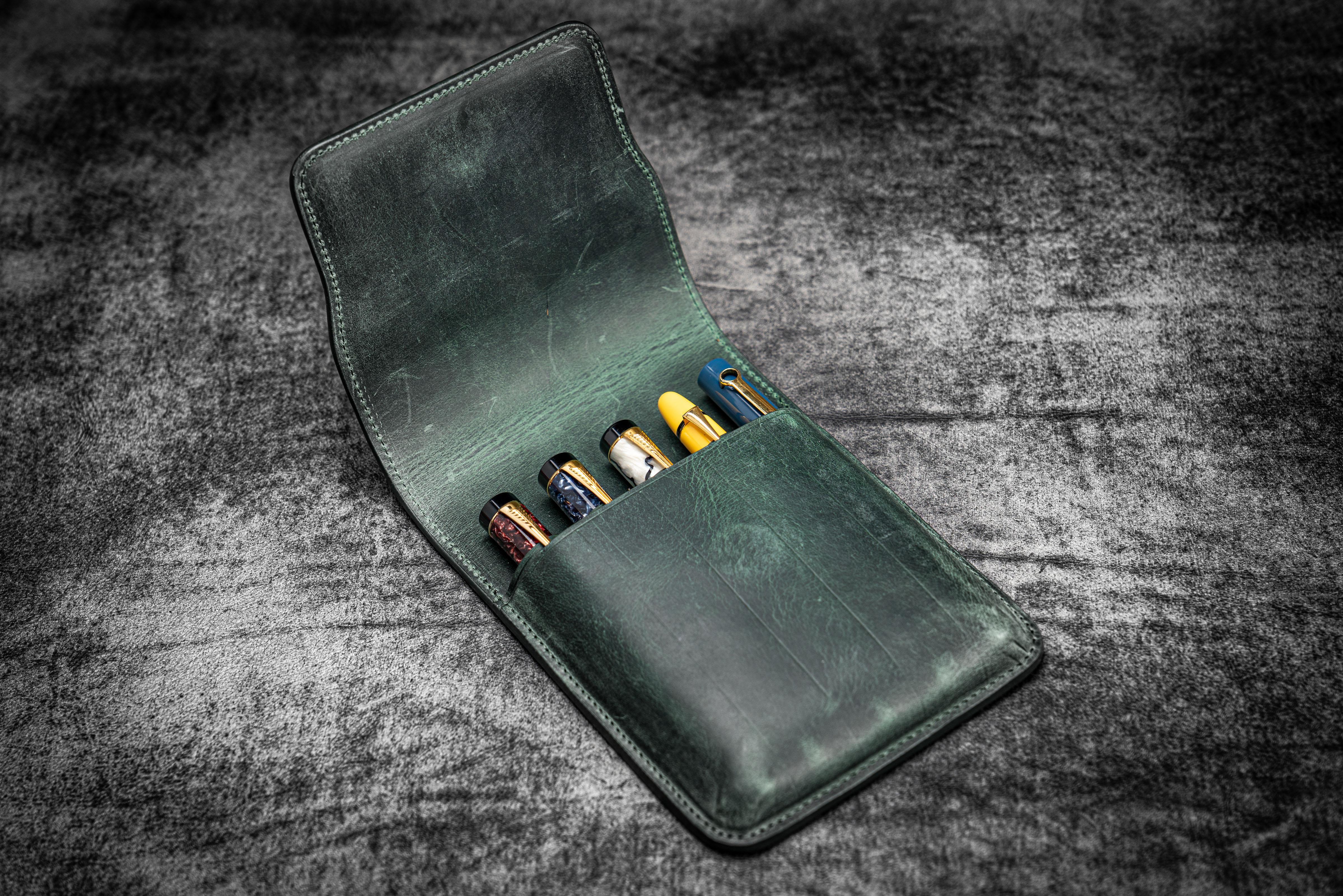 Leather Flap Pen Case for Five Pens - Crazy Horse Forest Green-Galen Leather