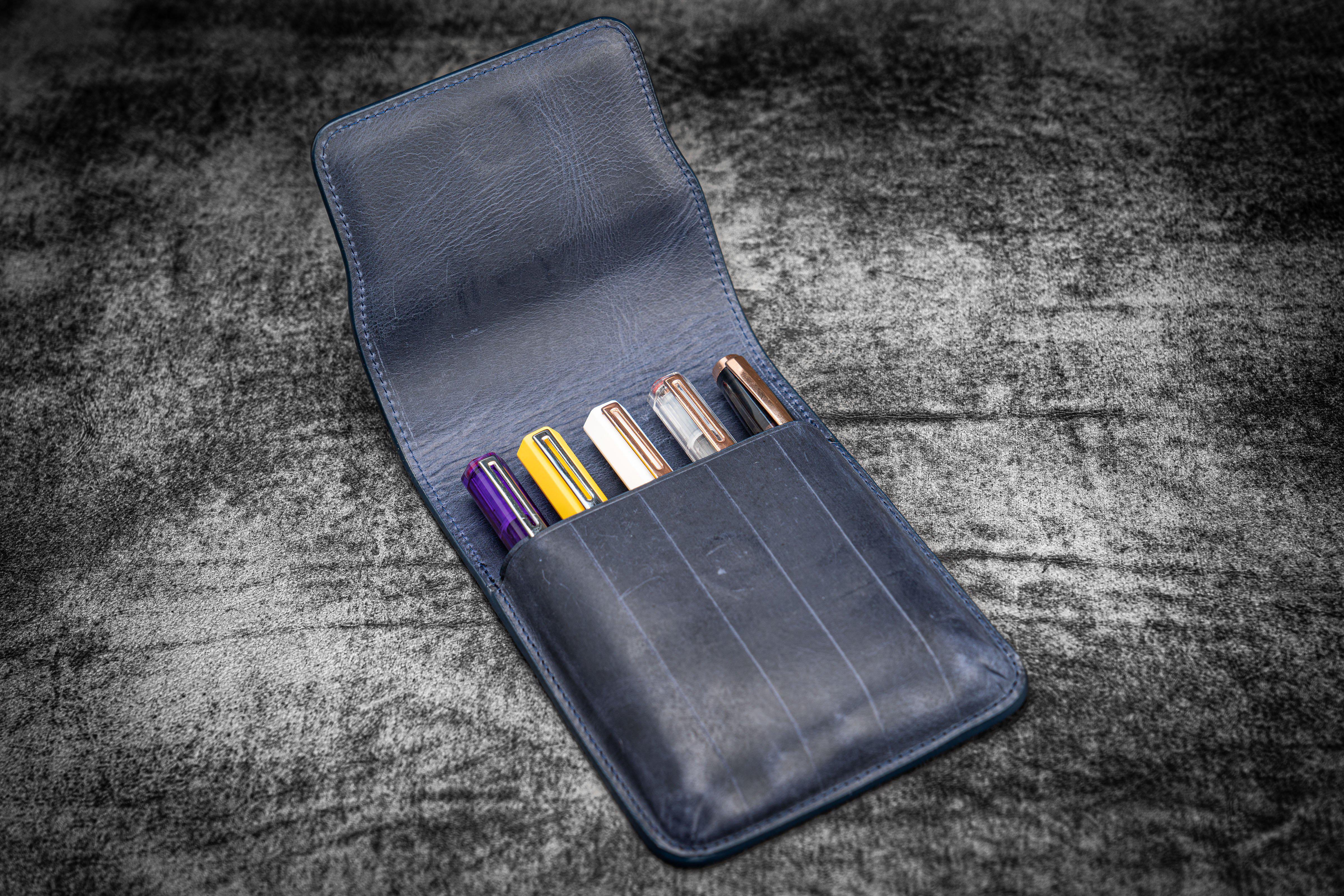 Leather Flap Pen Case for Five Pens - Crazy Horse Navy Blue-Galen Leather
