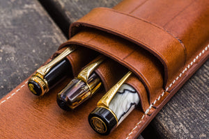 Leather Flap Pen Case for Three Pens - Brown-Galen Leather