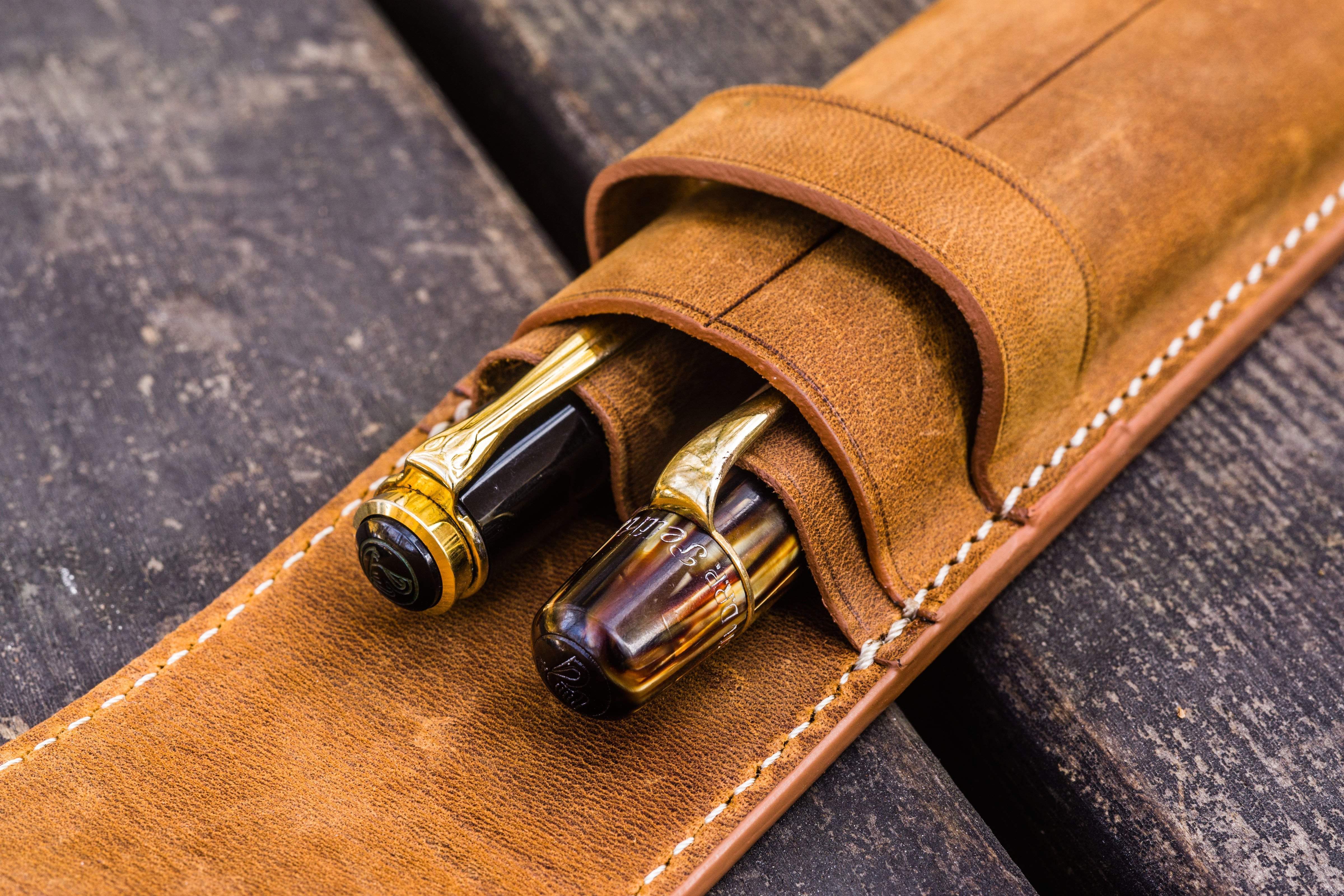 Leather Flap Pen Case for Two Pens - Crazy Horse Brown-Galen Leather
