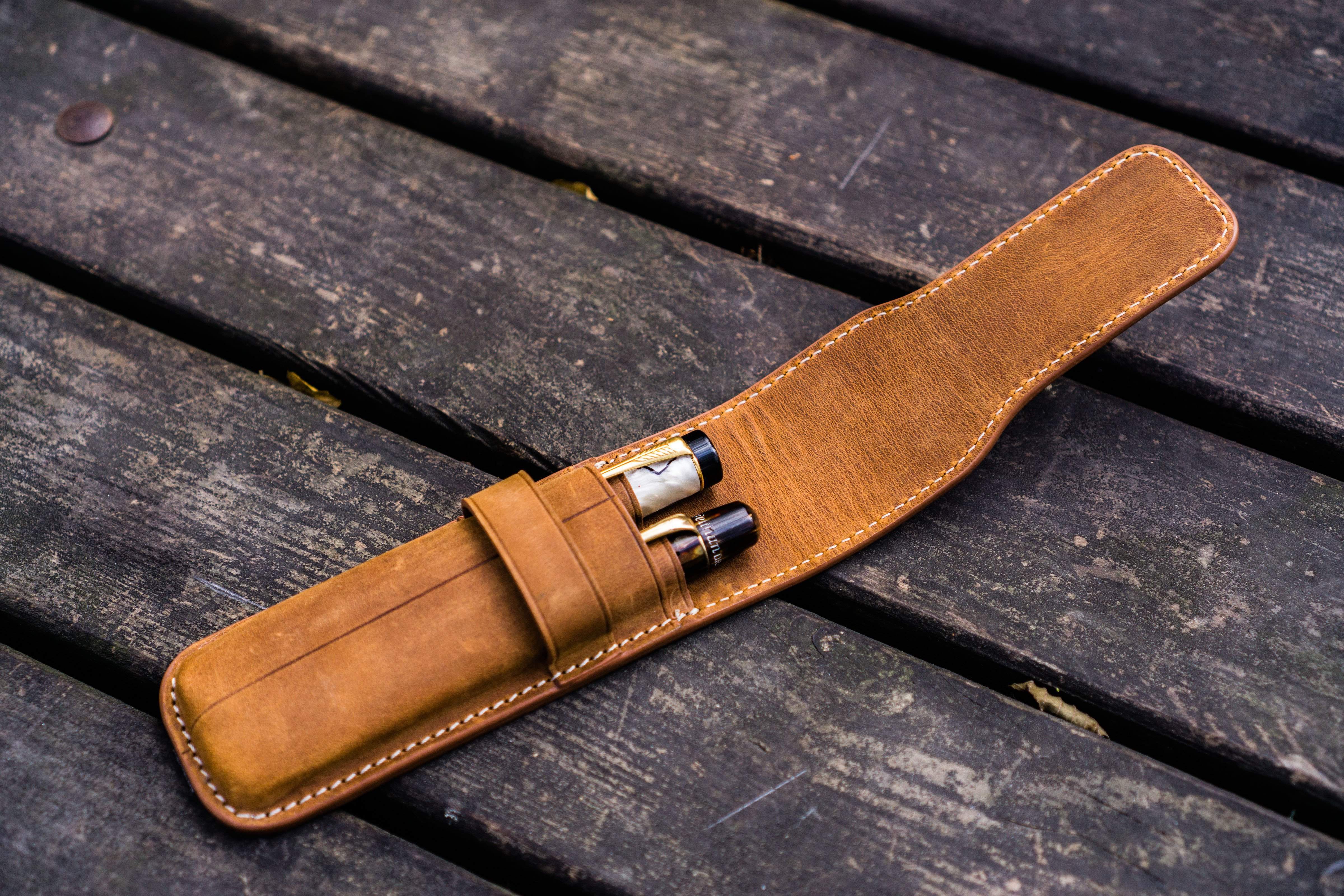 Leather Flap Pen Case for Two Pens - Crazy Horse Brown-Galen Leather