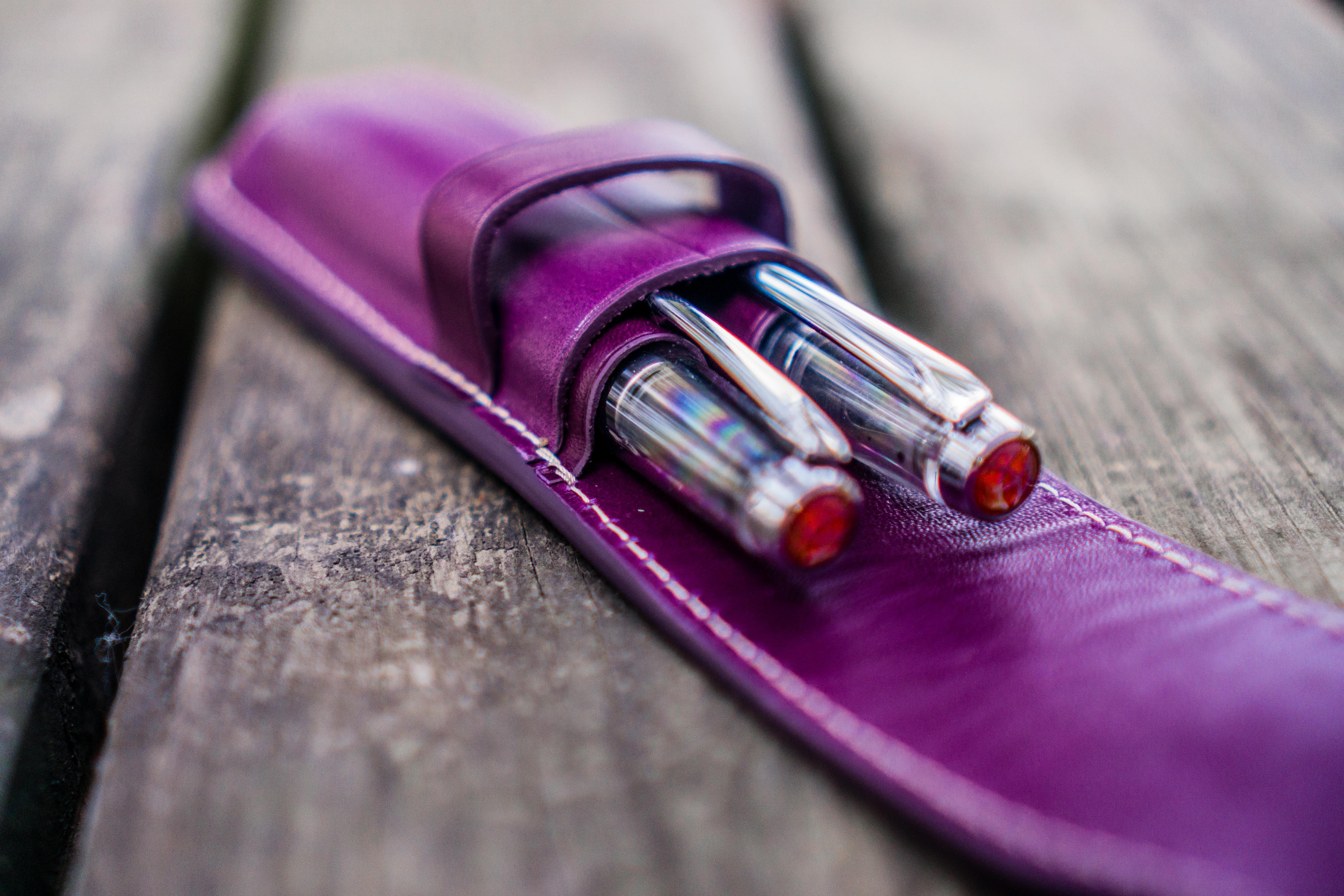 Leather Flap Pen Case for Two Pens - Purple-Galen Leather