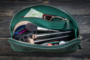 Leather Lunar Makeup / Toiletry Bag - Crazy Horse Forest Green-Galen Leather