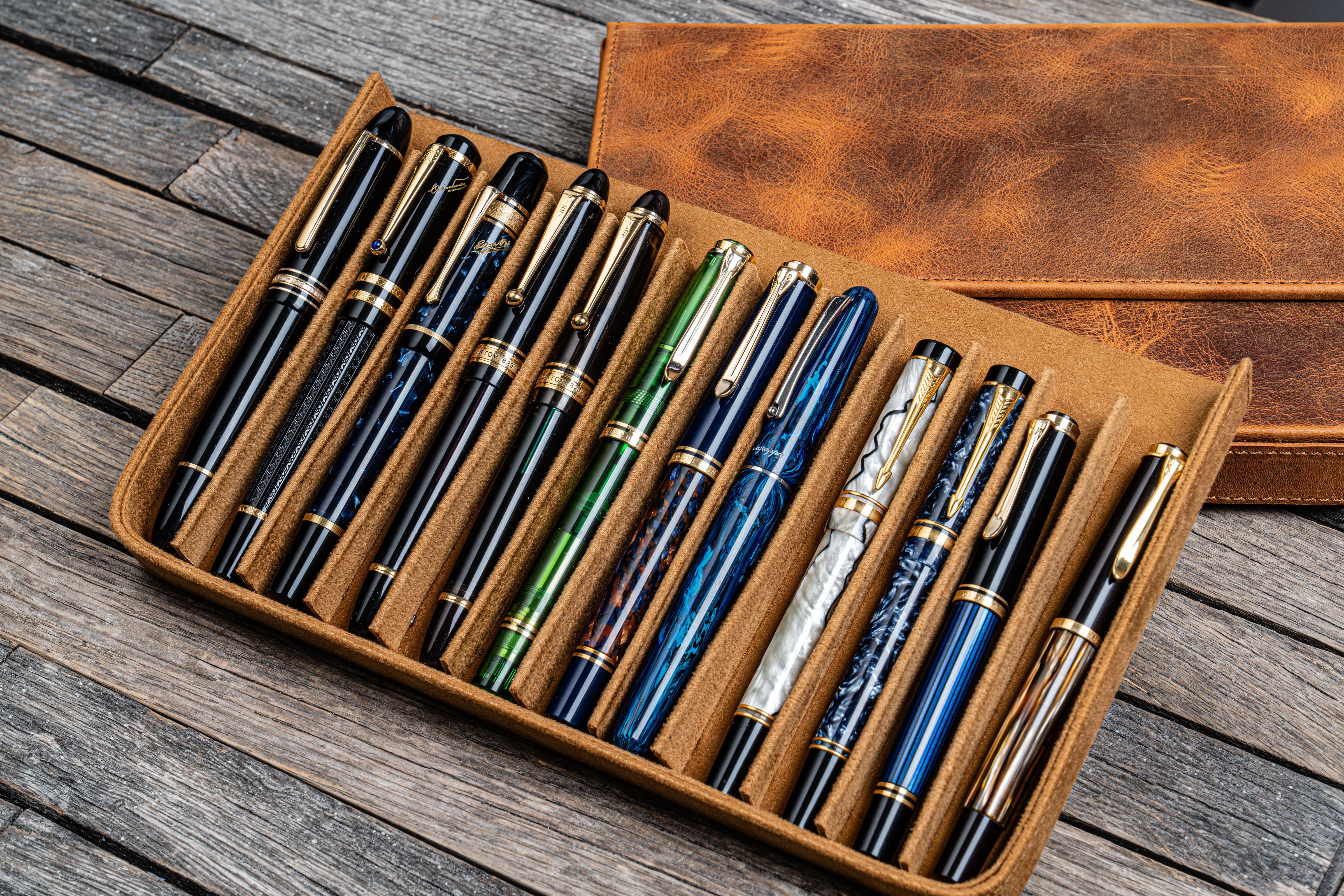 Leather Magnum Opus 12 Slots Hard Pen Case with Removable Pen Tray - Crazy Horse Brown-Galen Leather