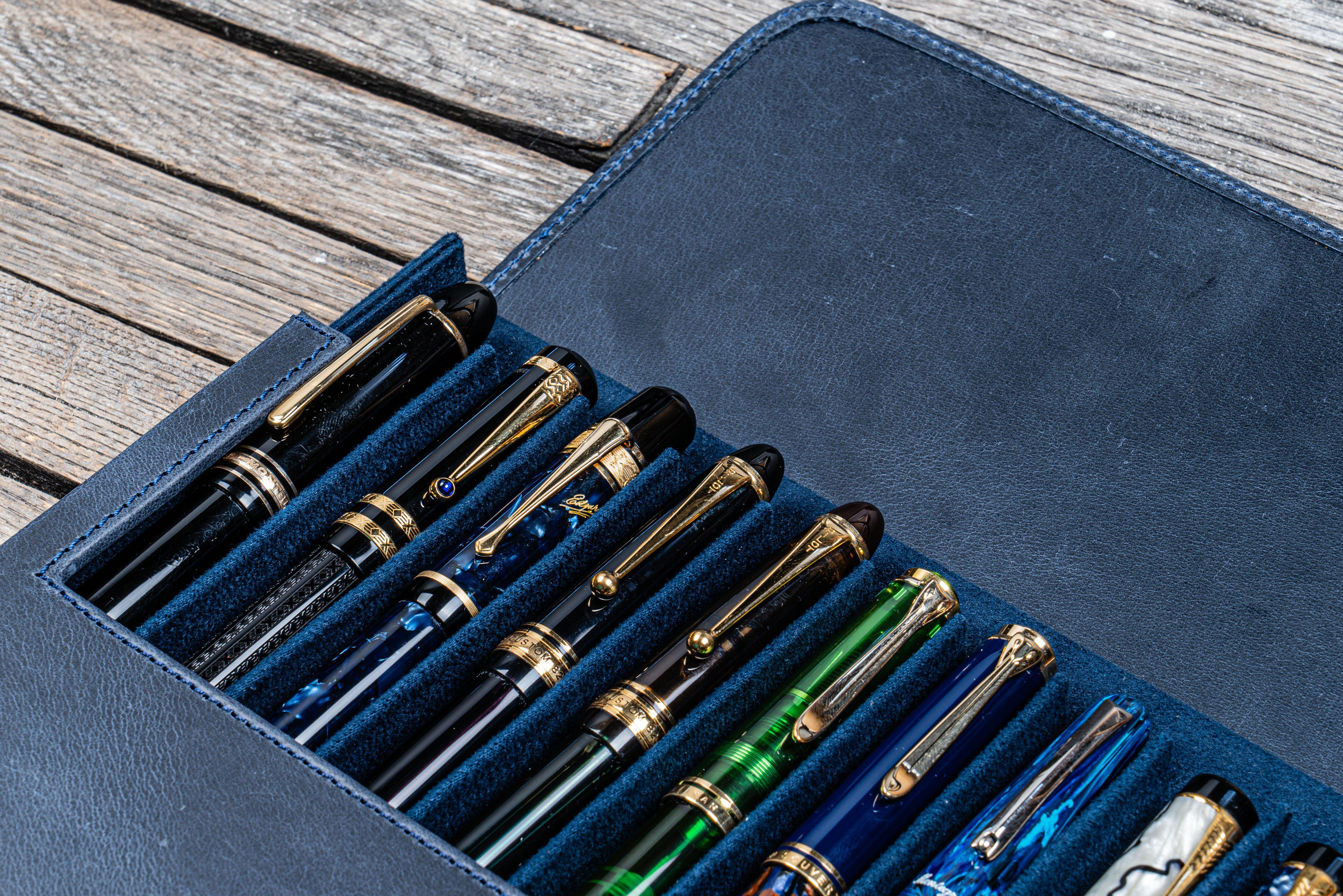 Leather Magnum Opus 12 Slots Hard Pen Case with Removable Pen Tray - Crazy Horse Navy Blue-Galen Leather