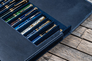 Leather Magnum Opus 12 Slots Hard Pen Case with Removable Pen Tray - Crazy Horse Navy Blue-Galen Leather