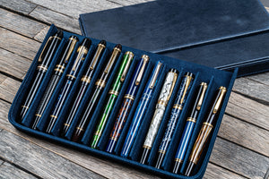 Leather Magnum Opus 12 Slots Hard Pen Case with Removable Pen Tray - Crazy Horse Navy Blue-Galen Leather