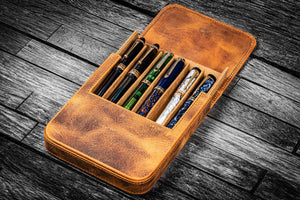 Handmade Crazy Horse Brown  Leather Magnum Opus 6 Slots Hard Pen Case with Removable Pen Tray- Galen Leather