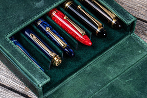 Handmade Crazy Horse Forest Green Leather Magnum Opus 6 Slots Hard Pen Case with Removable Pen Tray - Galen Leather