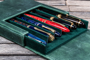 Handmade Crazy Horse Forest Green Leather Magnum Opus 6 Slots Hard Pen Case with Removable Pen Tray - Galen Leather