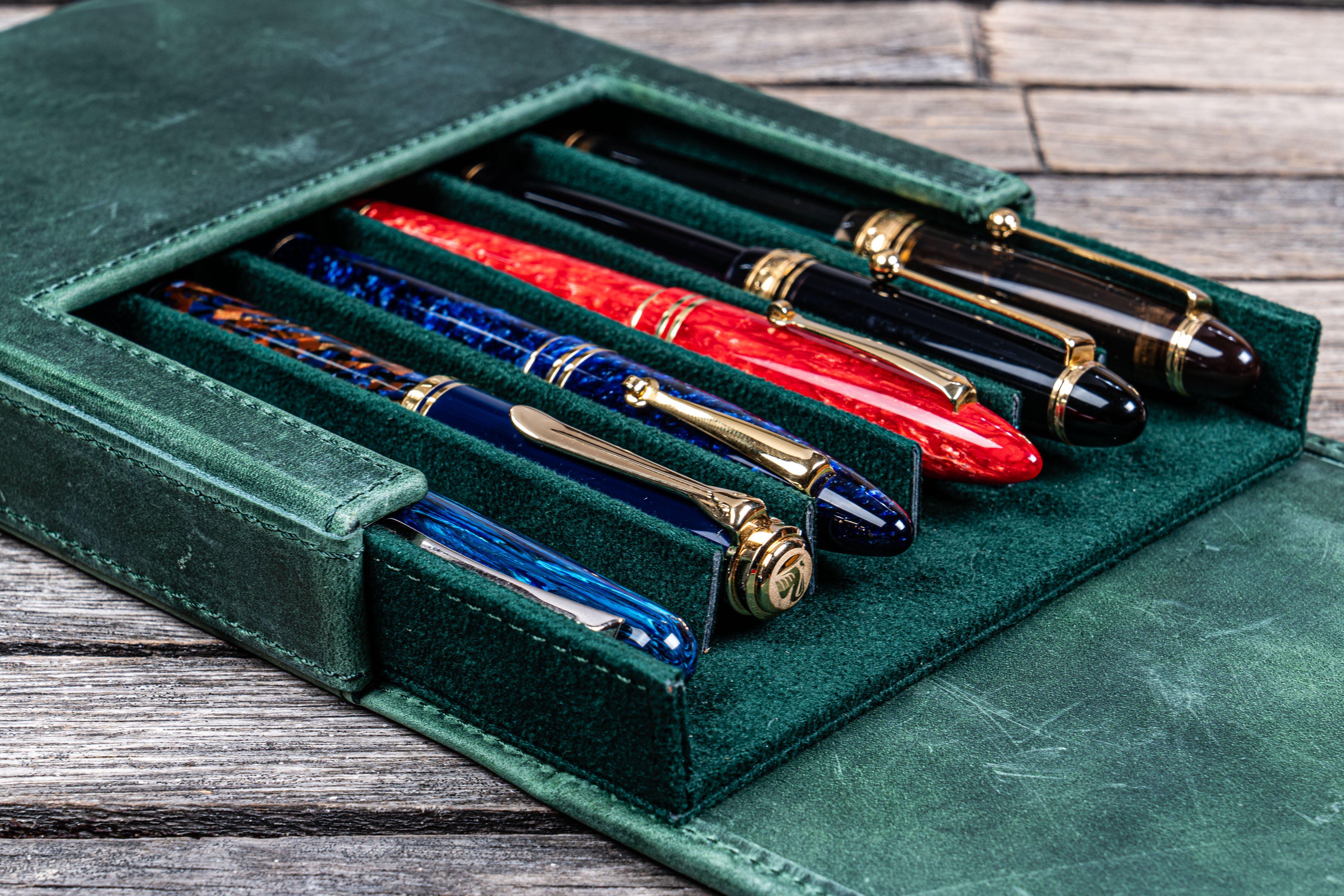 Handmade Crazy Horse Forest Green Leather Magnum Opus 6 Slots Hard Pen Case with Removable Pen Tray - Galen Leather