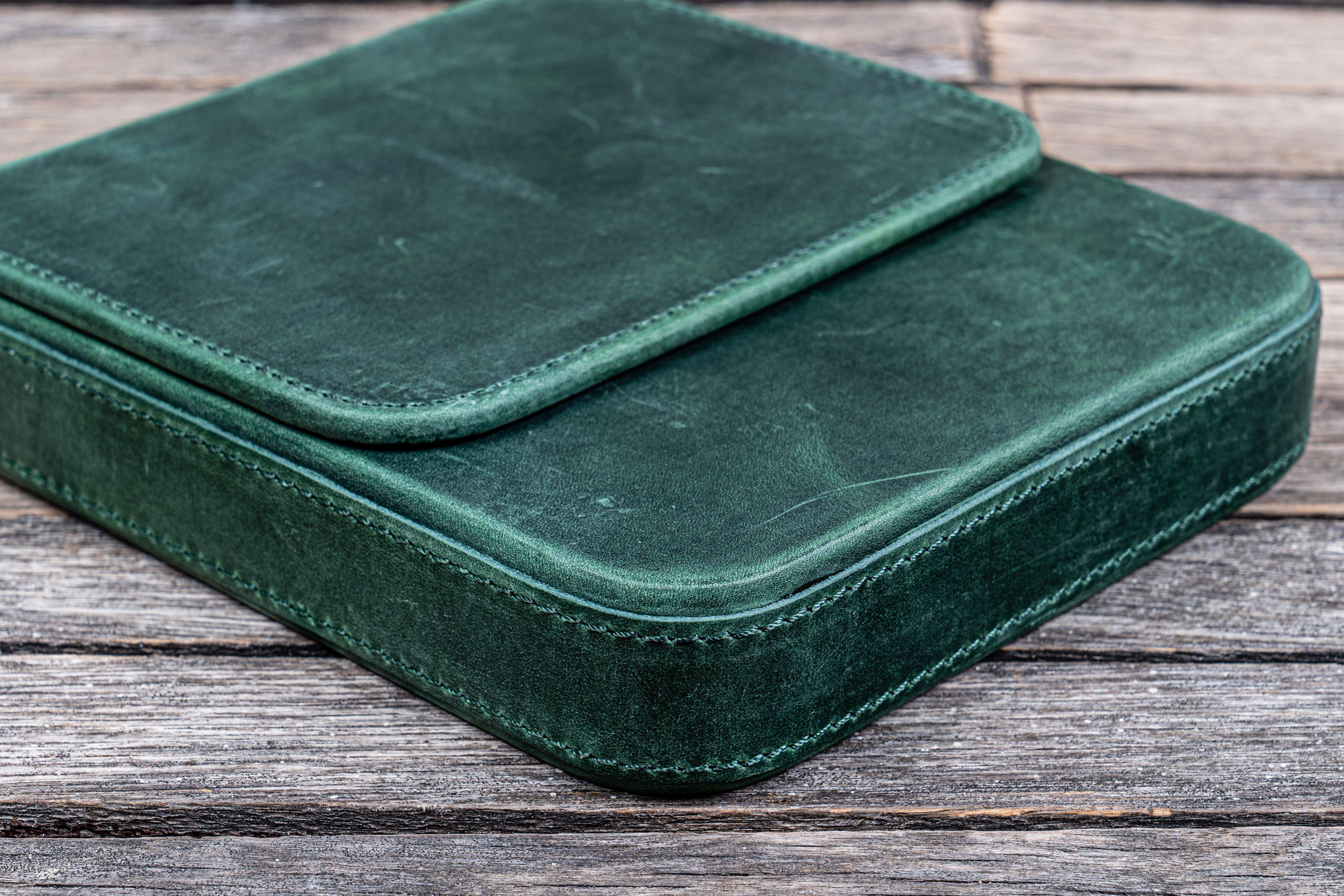 Handmade Crazy Horse Forest Green Leather Magnum Opus 6 Slots Hard Pen Case with Removable Pen Tray - Galen Leather
