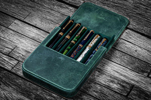 Handmade Crazy Horse Forest Green Leather Magnum Opus 6 Slots Hard Pen Case with Removable Pen Tray - Galen Leather