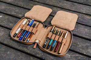 Leather Zippered 10 Slots Pen Case - Brown-Galen Leather