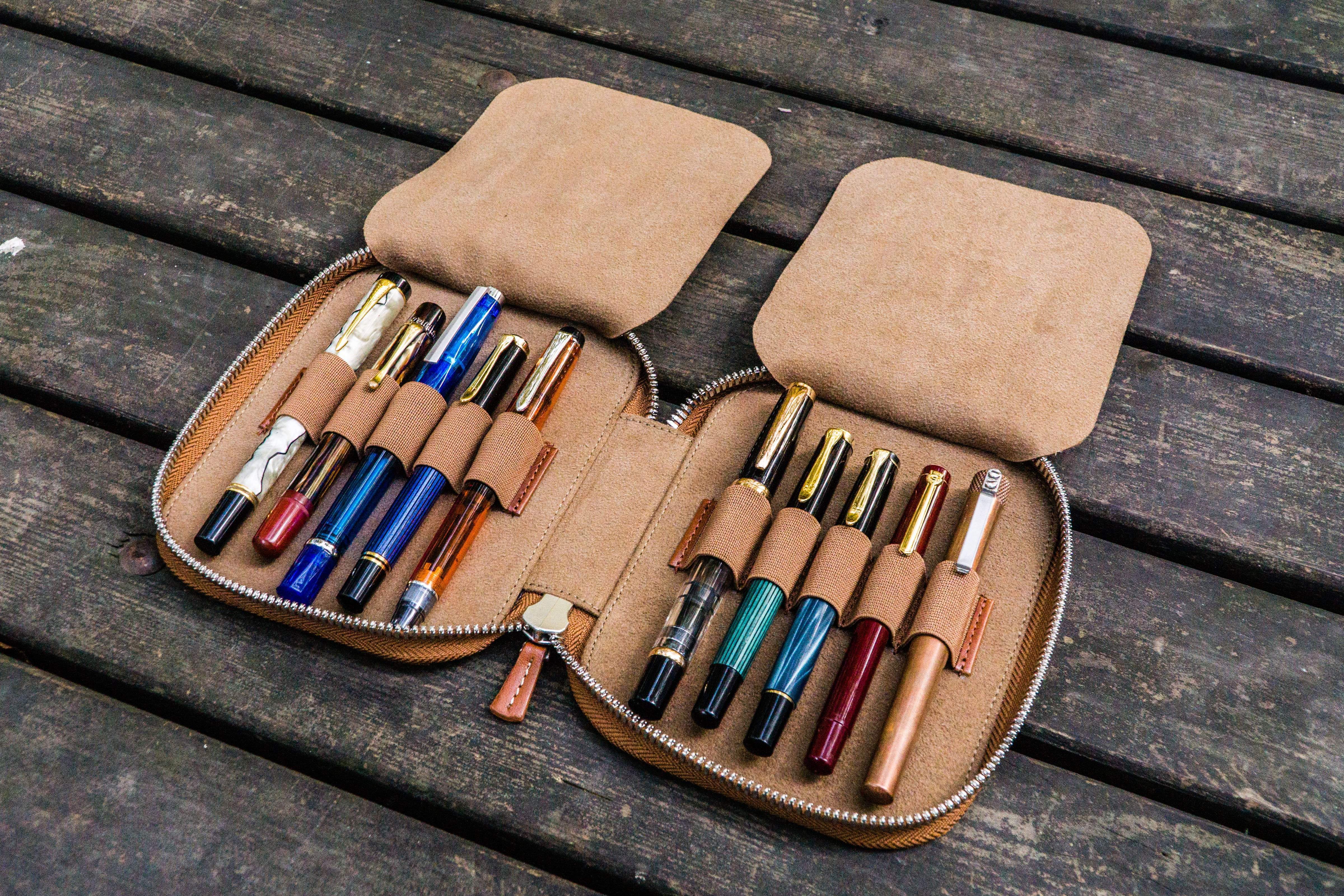 Leather Zippered 10 Slots Pen Case - Brown-Galen Leather