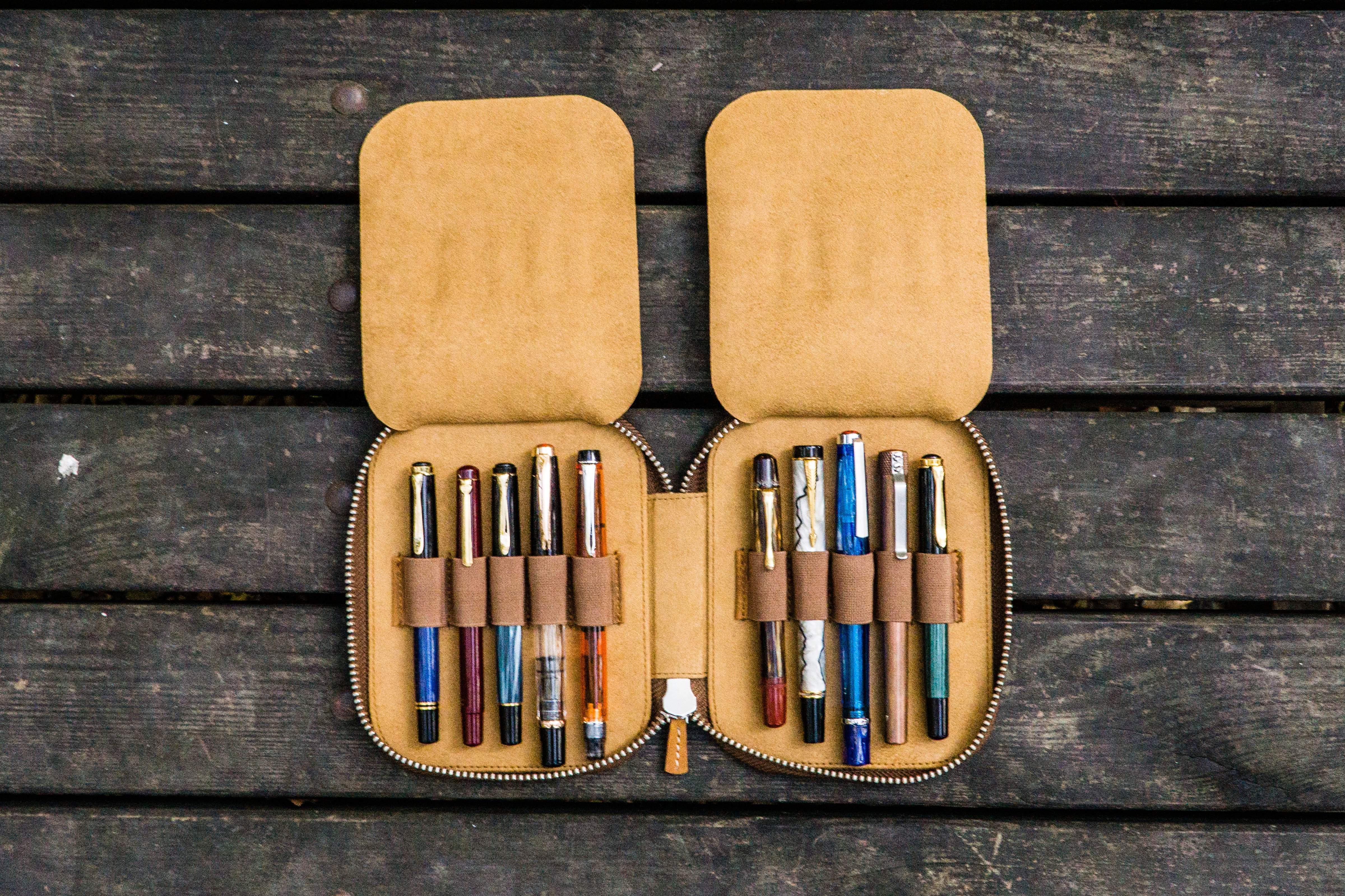 Leather Zippered 10 Slots Pen Case - Crazy Horse Brown-Galen Leather